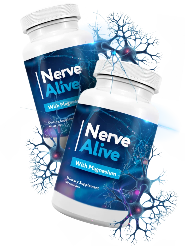 Nerve Alive supplement bottles surrounded by neurons