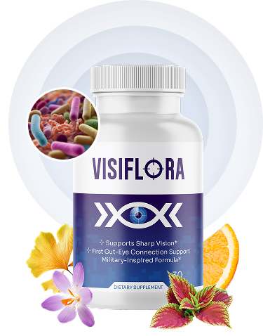 VisiFlora supplement bottle surrounded by flowers, leaves, and an orange